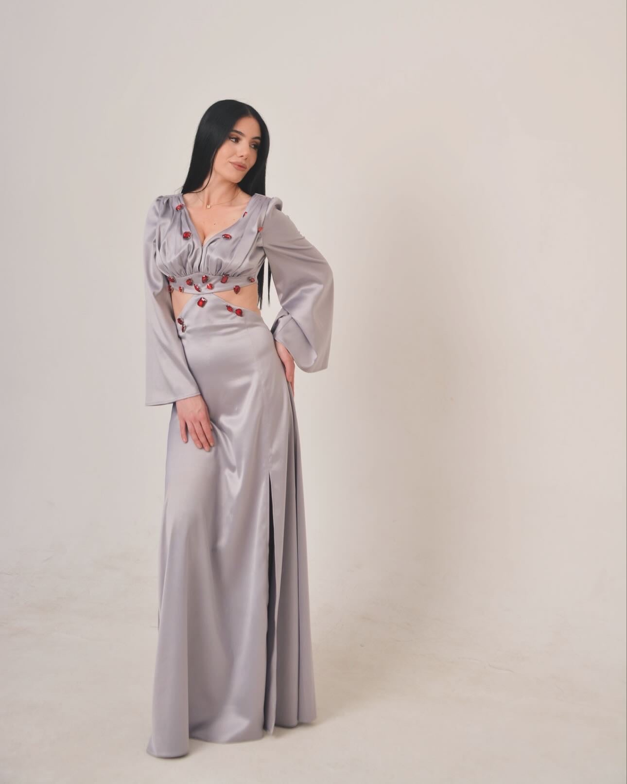 Elegant Silver Satin Cut-Out Evening Gown with Embellishments